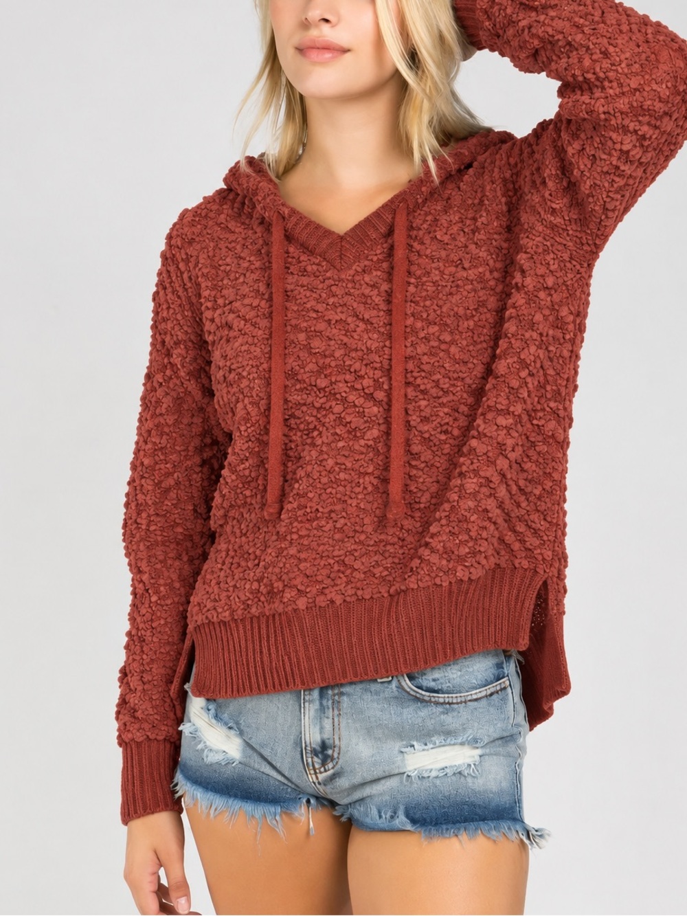 Rust Chunky Knit V-Neck Hoodie Sweater